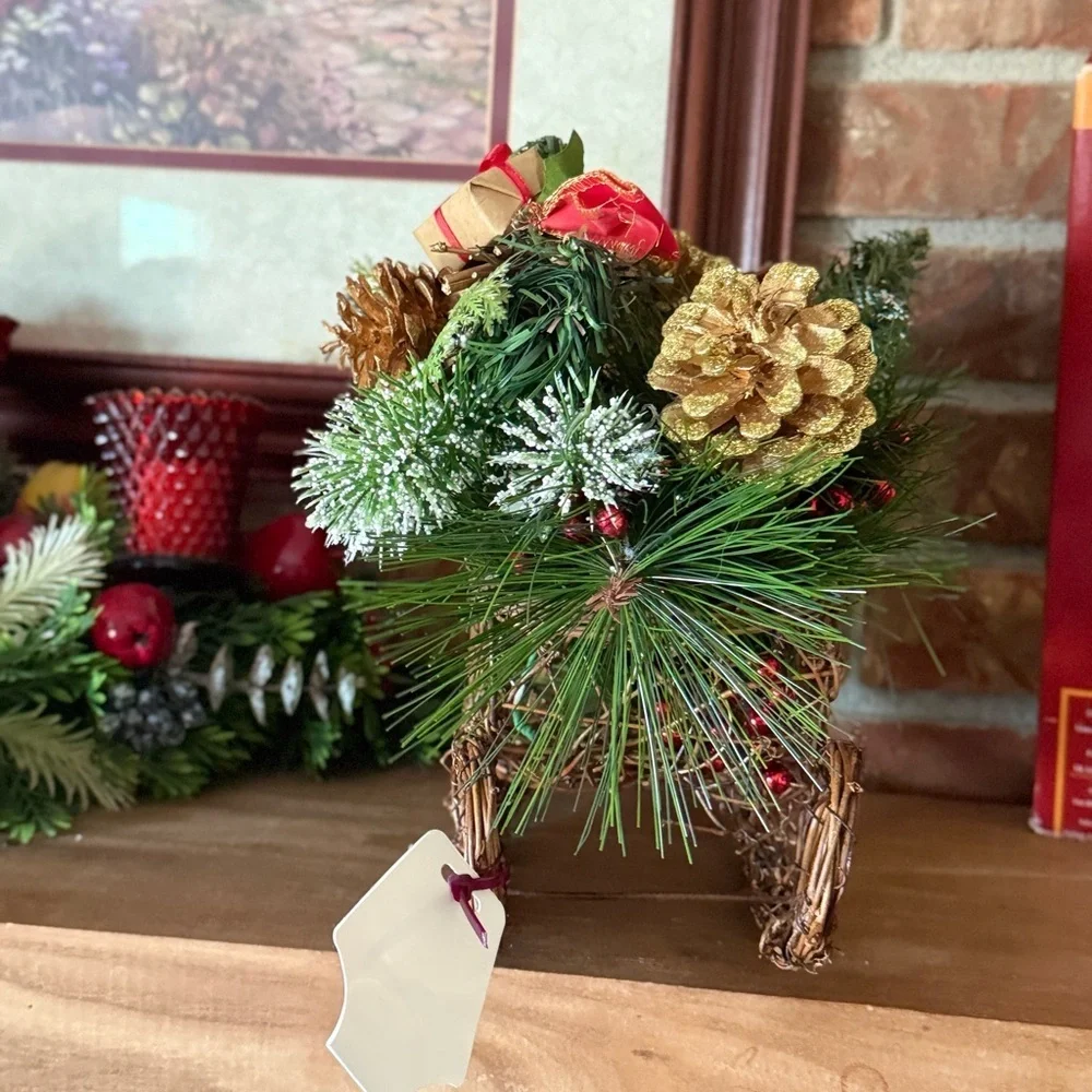 Vintage 1988 Holiday Decorative Wicker Sleigh with Greenery and Red Accents